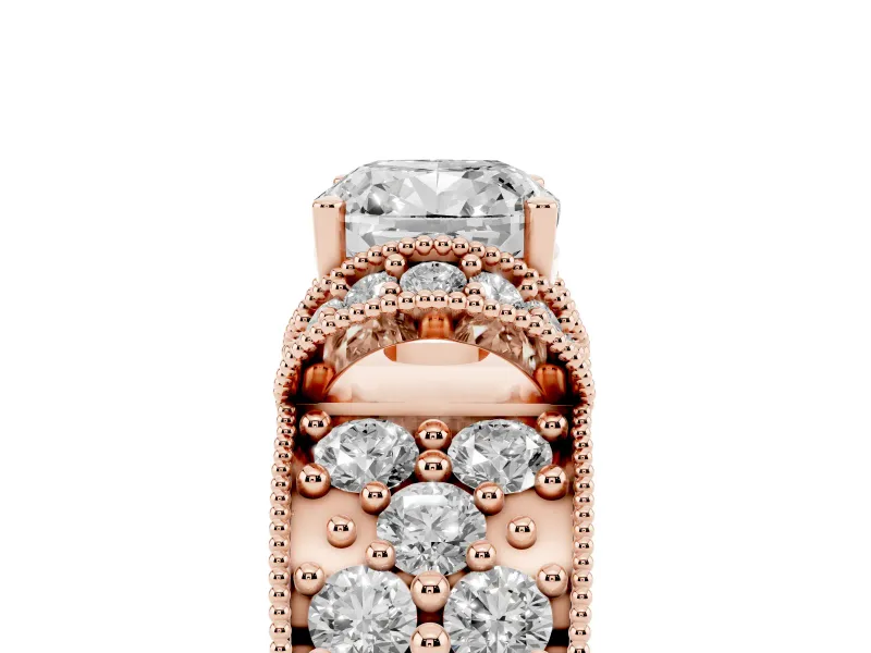 Cushion Cut Vintage Milgrain Pave Engagement Ring Setting | Crescent Side Rows | Rose Gold
