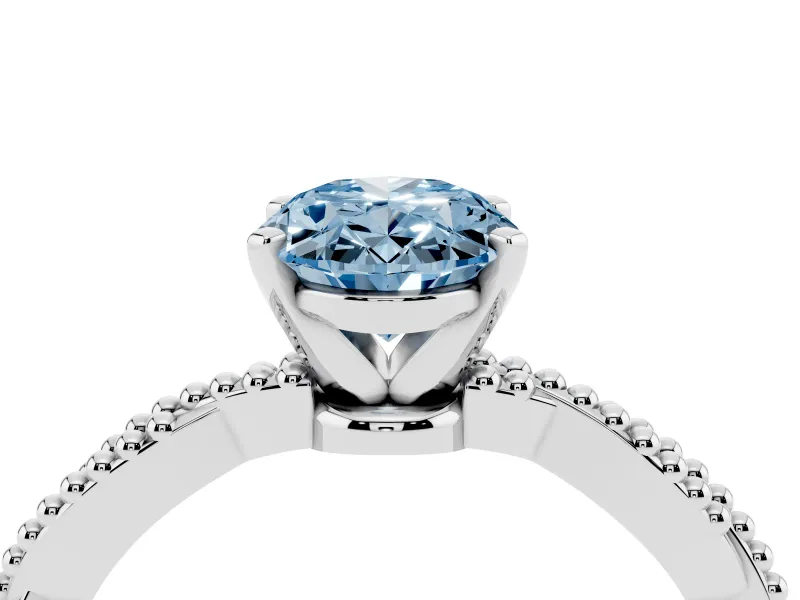 Fancy Blue Oval Cut Diamond Solitaire Ring Set in White gold with Twisted Band and Bead Prong Setting