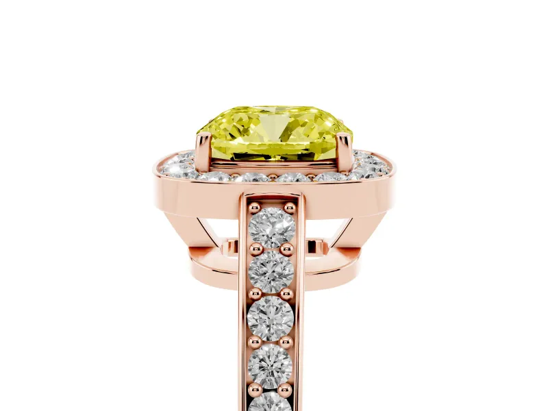 Fancy Yellow Cushion Cut Diamond Halo Pavé Engagement Ring Set in Rose gold with Bezel Setting