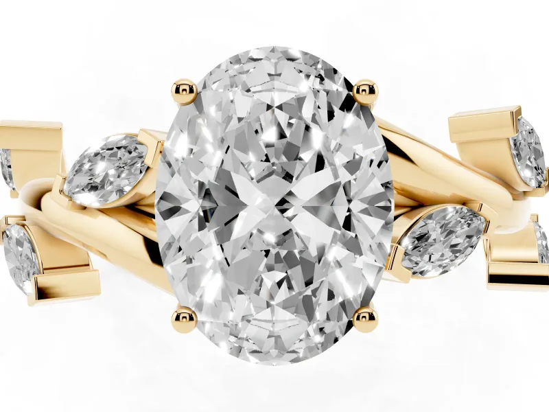 Oval Cut Diamond Solitaire Ring Set in Yellow gold with Twisted Marquise Accent Band