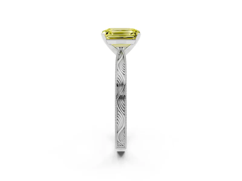 Emerald Cut Engraved Engagement Ring Setting for a Fancy Yellow Lab-Grown Diamond | Platinum