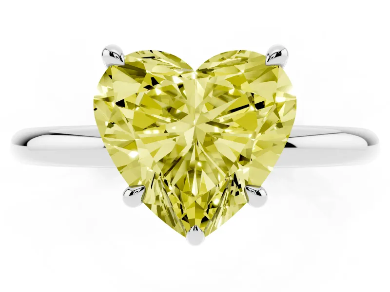 Fancy Yellow Heart Cut Diamond Solitaire Ring Set in Platinum with Thin Band and Prong Setting
