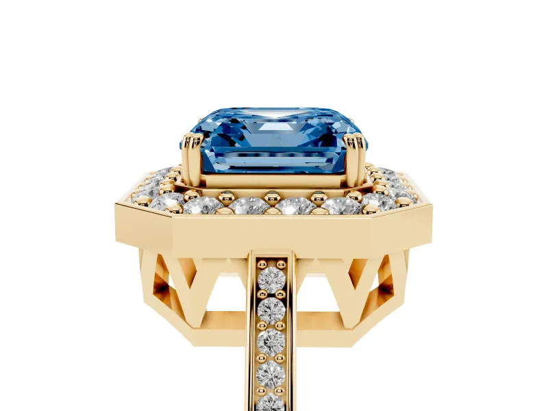 Asscher Cut Halo Engagement Ring Setting for a Fancy Blue Lab-Grown Diamond | Polished Halo Rim | Yellow Gold