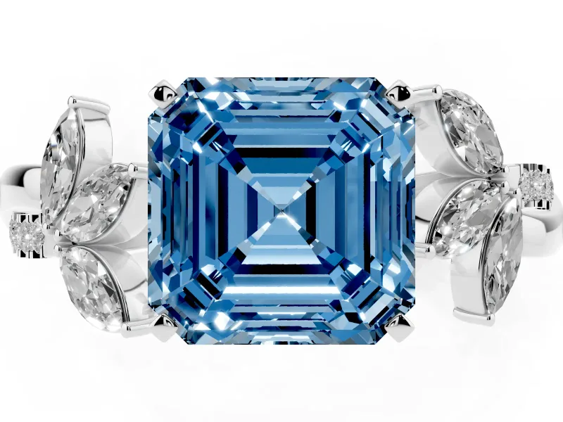 Fancy Blue Asscher Cut Diamond Floral Vine Solitaire Engagement Ring Set in Platinum with Marquise Leaves