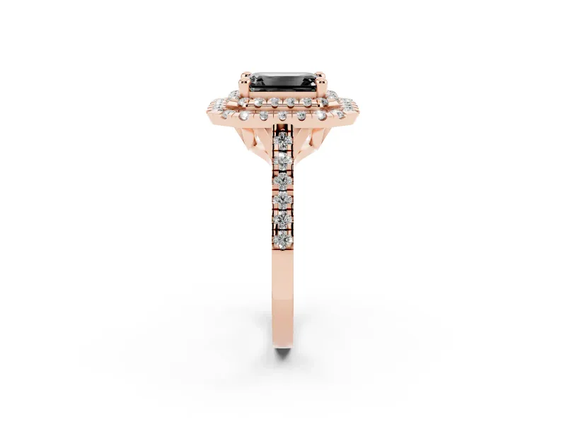 Fancy Black Emerald Cut Diamond Double Halo Statement Ring Set in Rose gold with Pavé Band