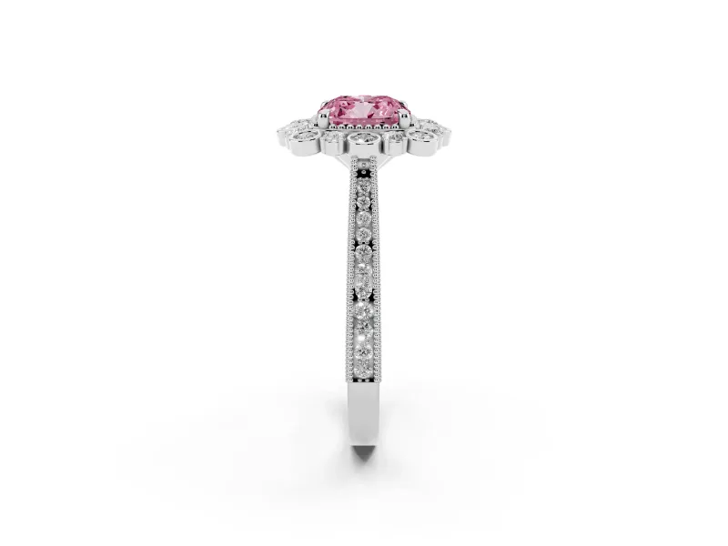 Fancy Pink Cushion Cut Diamond Halo Milgrain Pavé Ring Set in White gold with Prong Setting