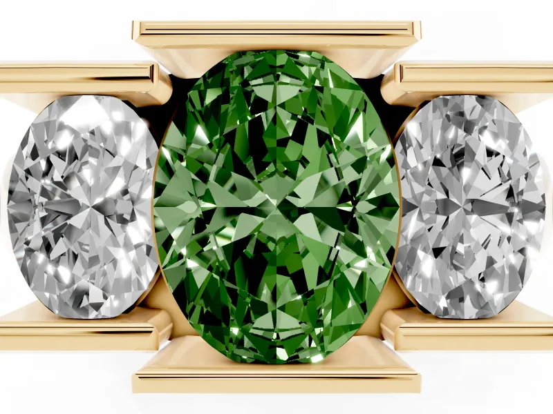 Oval Channel-Set Three Stone Engagement Ring Setting for a Fancy Green Lab-Grown Diamond | Wide Flat Band | Yellow Gold