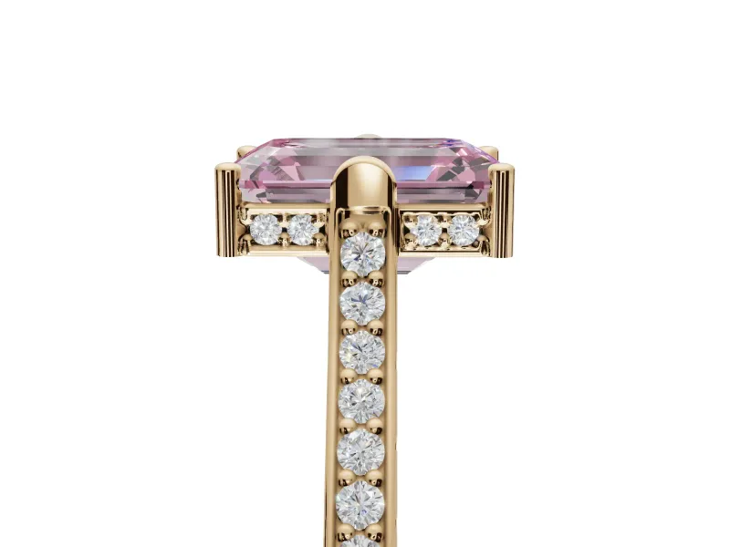 Emerald Cut Vintage Cathedral Engagement Ring Setting for a Fancy Pink Lab-Grown Diamond | Carved Band | Yellow Gold