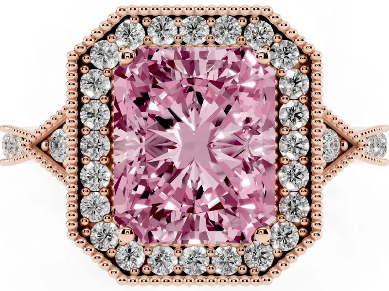 Fancy Pink Radiant Cut Diamond Halo Engagement Ring Set in Rose gold with Milgrain Pavé Band