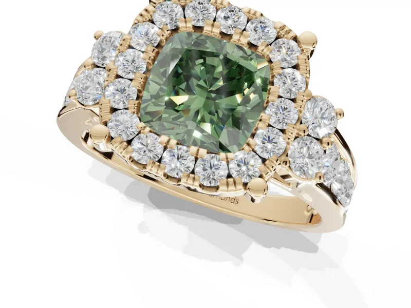 Cushion Cut Halo Engagement Ring Setting for a Fancy Green Lab-Grown Diamond | Graduated Channel Band | Yellow Gold