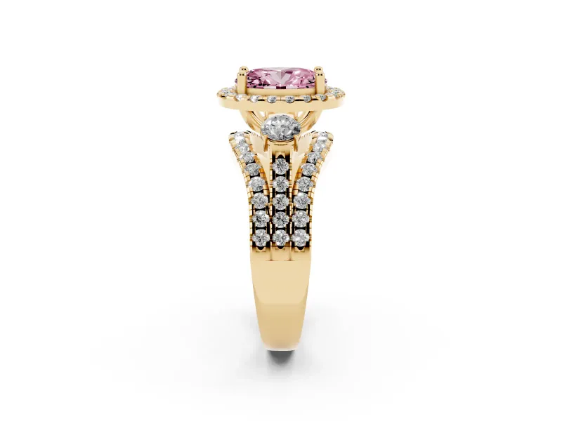 Oval Halo Split Shank Engagement Ring Setting for a Fancy Pink Lab-Grown Diamond | Round Side Stones | Yellow Gold