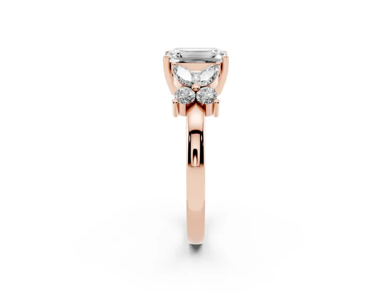 Emerald Cut Diamond Floral Cluster Ring Set in Rose gold with Marquise Petals and Prong Setting