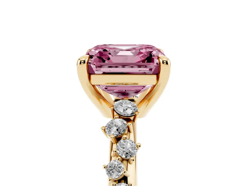 Fancy Pink Asscher Cut Diamond Solitaire Vine Band Ring Set in Yellow gold with Round Accents and Prong Setting