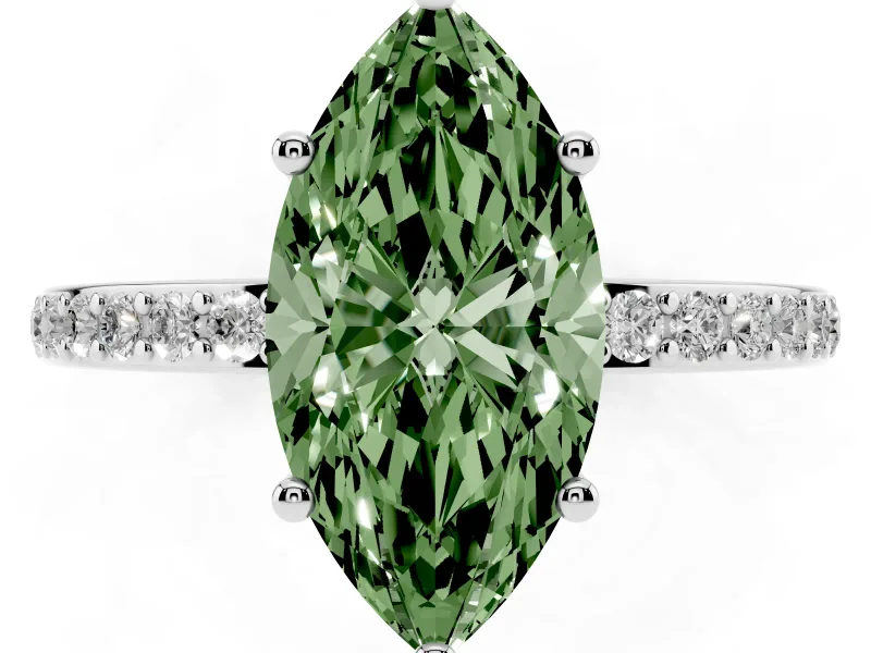 Fancy Green Marquise Cut Diamond Pavé Band Ring Set in Silver with Prong-Set Center Stone