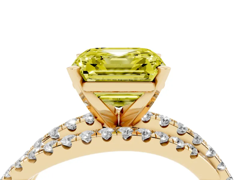 Fancy Yellow Asscher Cut Diamond Solitaire Twist Band Ring Set in Yellow gold with Pavé Setting and Prong Head