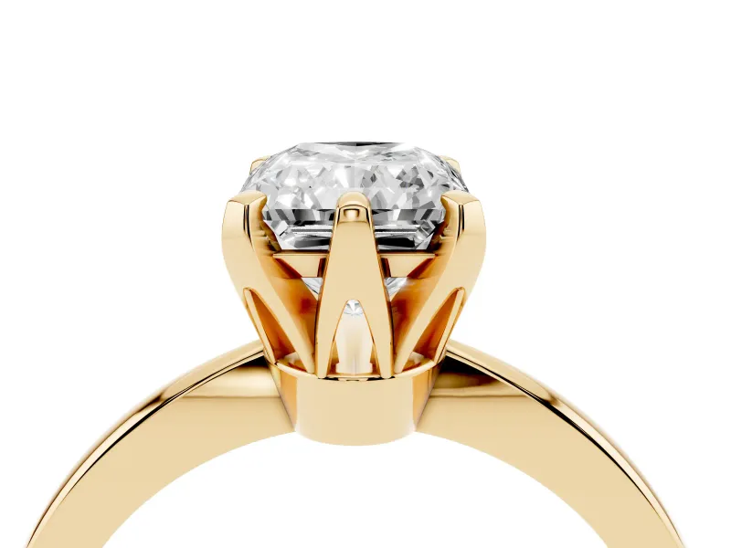 Radiant Cut Diamond Solitaire Engagement Ring Set in Yellow gold with Slim Tapered Solitaire Band
