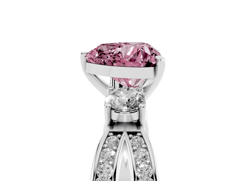 Fancy Pink Three-Stone Heart Cut Diamond Twist Band Ring Set in Platinum with Pavé Accents and Prong Setting
