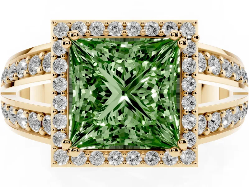 Princess Cut Halo Engagement Ring Setting for a Fancy Green Lab-Grown Diamond | Two-Row Pave Split Shank | Yellow Gold