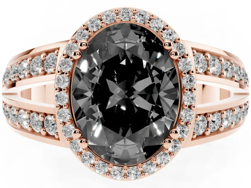 Oval Halo Engagement Ring Setting for a Black Center | Two-Row Pavé Split Shank | Rose Gold