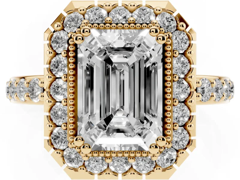 Emerald Cut Vintage Milgrain Halo Engagement Ring Setting | Pierced Gallery | Yellow Gold