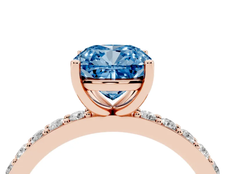 Cushion Cut Pavé Solitaire Engagement Ring Setting for a Fancy Blue Lab-Grown Diamond | Single Row Band | Rose Gold