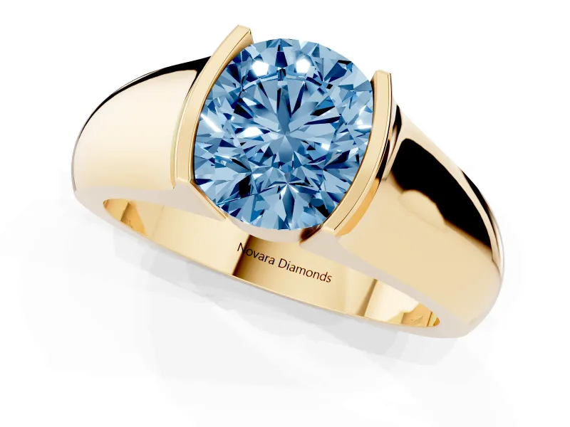 Round Half Bezel Solitaire Engagement Ring Setting for a Fancy Blue Lab-Grown Diamond | Wide Band | Yellow Gold