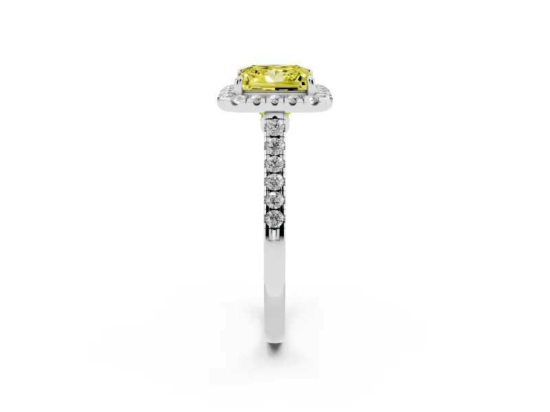 Fancy Yellow Princess Cut Diamond Halo Pavé Engagement Ring Set in Silver with Prong Setting