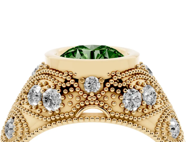 Fancy Green Round Cut Diamond Bezel Ring Set in Yellow gold with Milgrain Accent Band
