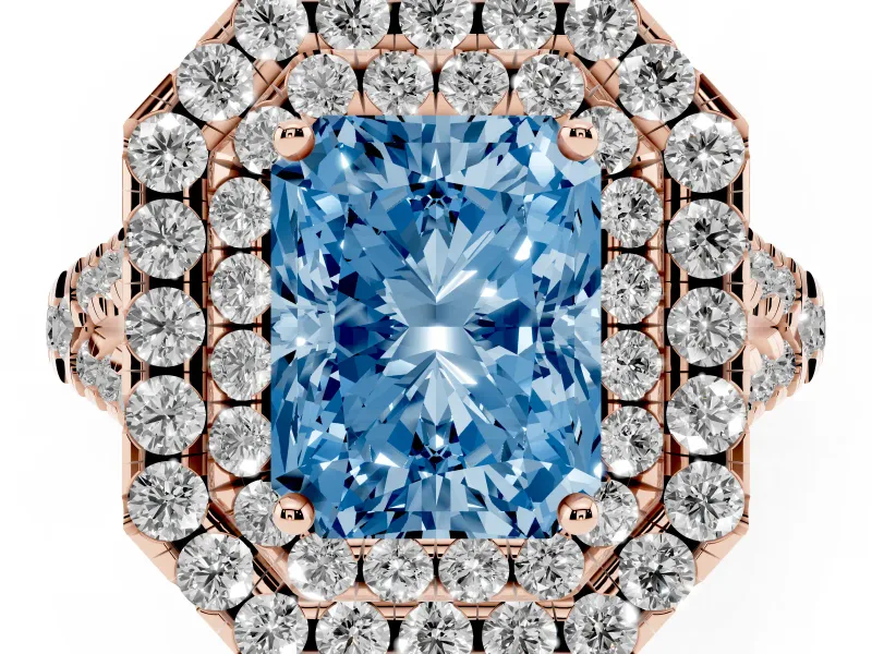 Radiant Cut Halo Split Shank Engagement Ring Setting for a Fancy Blue Lab-Grown Diamond | Pavé Strands | Rose Gold