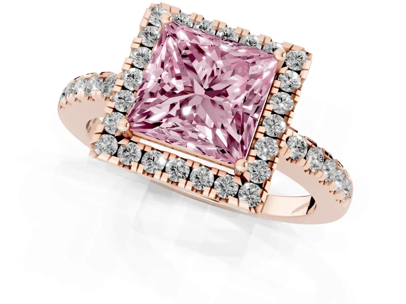 Princess Cut Halo Engagement Ring Setting for a Fancy Pink Lab-Grown Diamond | Pavé Band | Rose Gold
