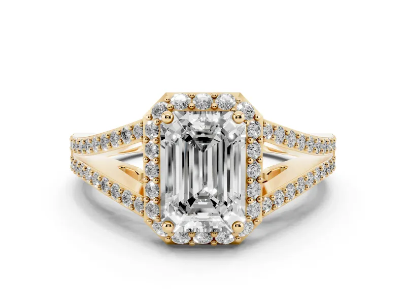 Emerald Cut Diamond Halo Split Shank Pavé Ring Set in Yellow gold with Prong Setting