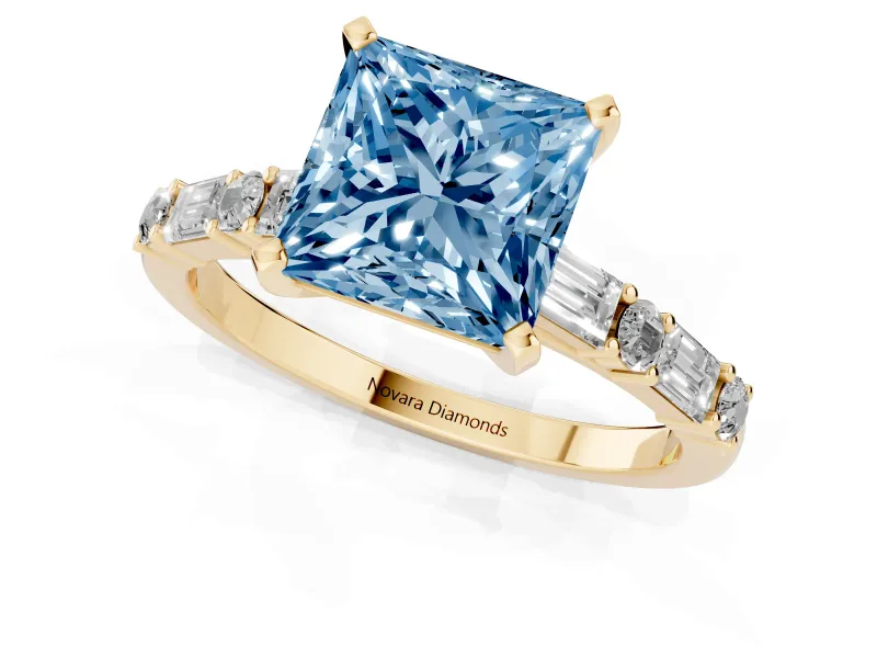 Fancy Blue Princess Cut Diamond Solitaire Set in Yellow gold with Side Baguettes and Channel Set Band
