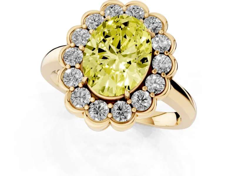 Oval Scalloped Cluster Halo Engagement Ring Setting for a Fancy Yellow Lab-Grown Diamond | Plain Band | Yellow Gold