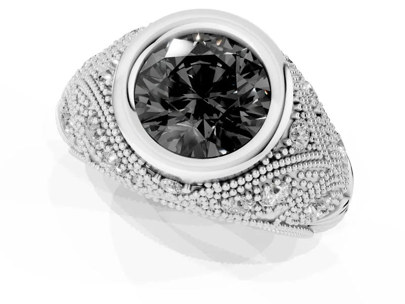 Round Vintage Bezel Engagement Ring Setting for a Black Center | Milgrain Band | Sterling Silver