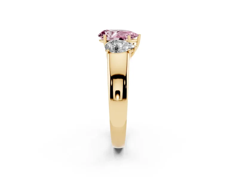 Fancy Pink Three-Stone Pear Cut Diamond Ring Set in Yellow gold with Matching Prong Settings and Plain Band