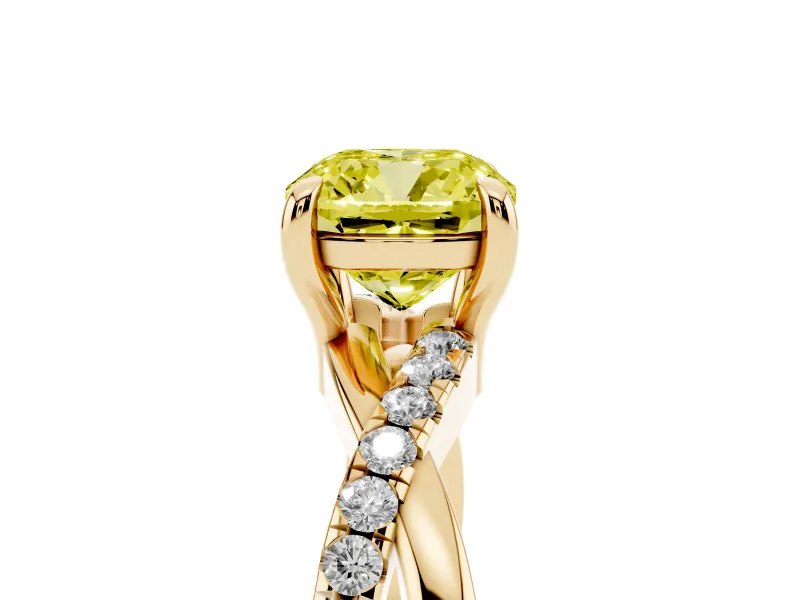 Fancy Yellow Cushion Cut Diamond Twist Band Solitaire Set in Yellow gold with Pavé Accents and Prong Setting