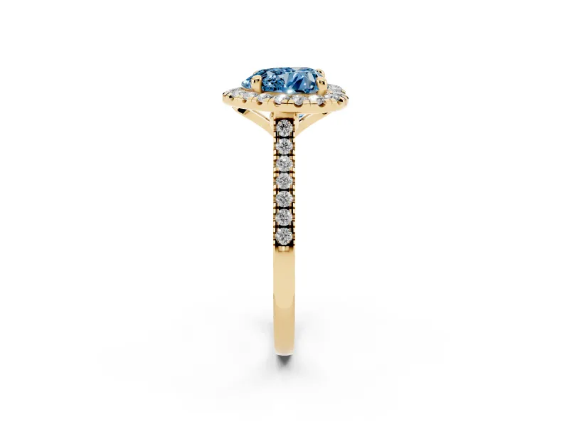 Heart-Shaped Halo Engagement Ring Setting for a Fancy Blue Lab-Grown Diamond | Tapered Band | Yellow Gold