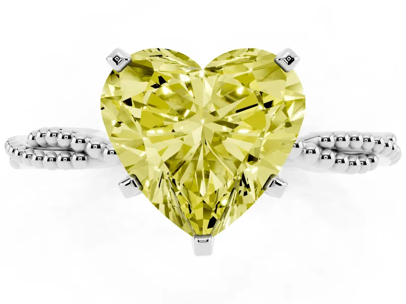 Fancy Yellow Heart Cut Diamond Solitaire Ring Set in Silver with Twisted Band and Bead Prong Setting