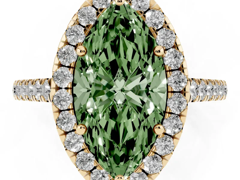 Marquise Halo Engagement Ring Setting for a Fancy Green Lab-Grown Diamond | Pave Shoulders | Yellow Gold