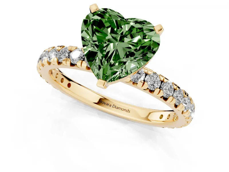 Fancy Green Heart Cut Diamond Pavé Solitaire Ring Set in Yellow gold with Round Band and Prong Setting
