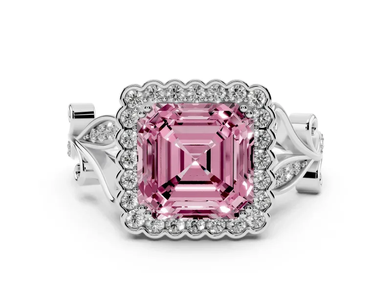 Fancy Pink Asscher Cut Diamond Halo Ring Set in Platinum with Leaf Motif Split Shank and Prong Setting