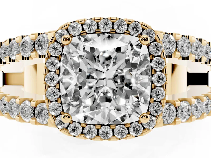 Cushion Cut Diamond Halo Ring Set in Yellow gold with Pavé Split Shank and Prong Setting