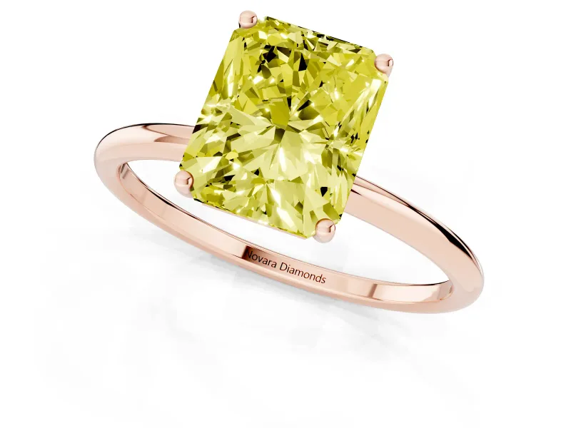 Fancy Yellow Radiant Cut Diamond Solitaire Engagement Ring Set in Rose gold with Thin Band and Prong Setting