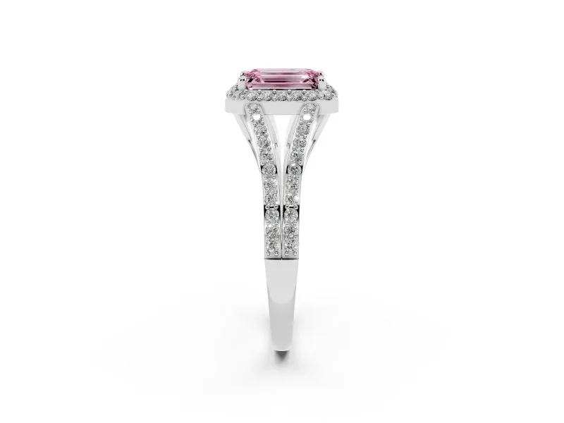 Emerald Cut Split Shank Halo Engagement Ring Setting for a Fancy Pink Lab-Grown Diamond | White Gold