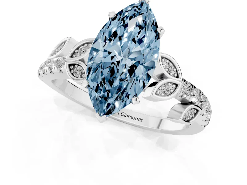 Fancy Blue Marquise Cut Diamond Solitaire Leaf-Inspired Ring Set in White gold with Pavé Band and Prong Setting