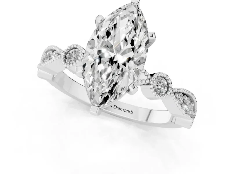 Marquise Cut Diamond Solitaire Engagement Ring Set in Silver with Milgrain Bezel Accent Band