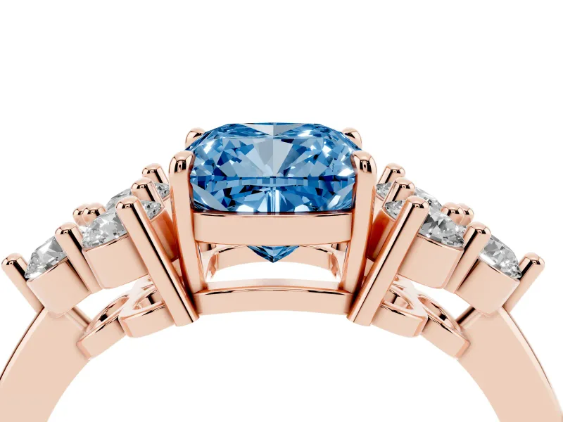 Cushion Cut Cluster Side Stone Engagement Ring Setting for a Fancy Blue Lab-Grown Diamond | Plain Band | Rose Gold