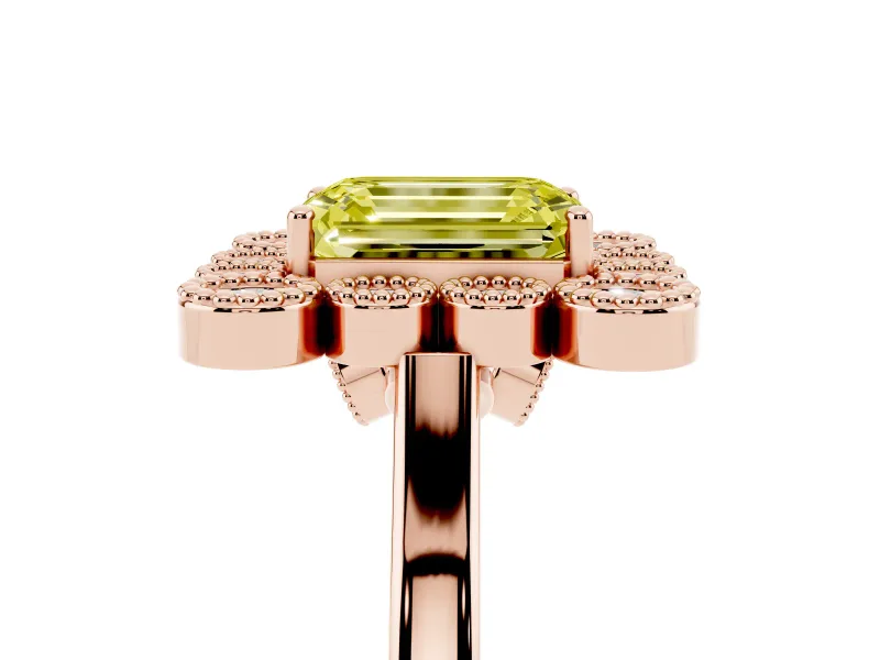 Emerald Cut Milgrain Cluster Halo Engagement Ring Setting for a Fancy Yellow Lab-Grown Diamond | Plain Band | Rose Gold