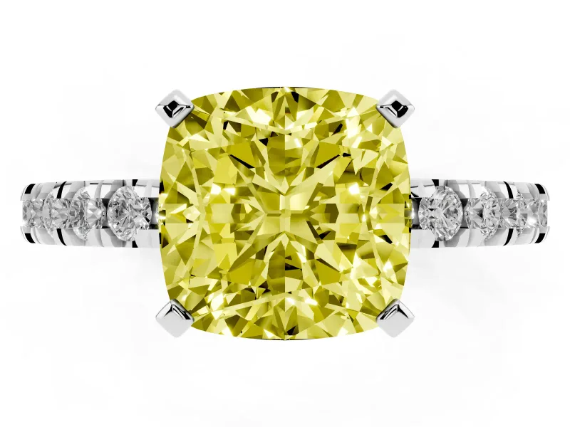 Fancy Yellow Cushion Cut Diamond Pavé Band Solitaire Set in White gold with Prong Setting