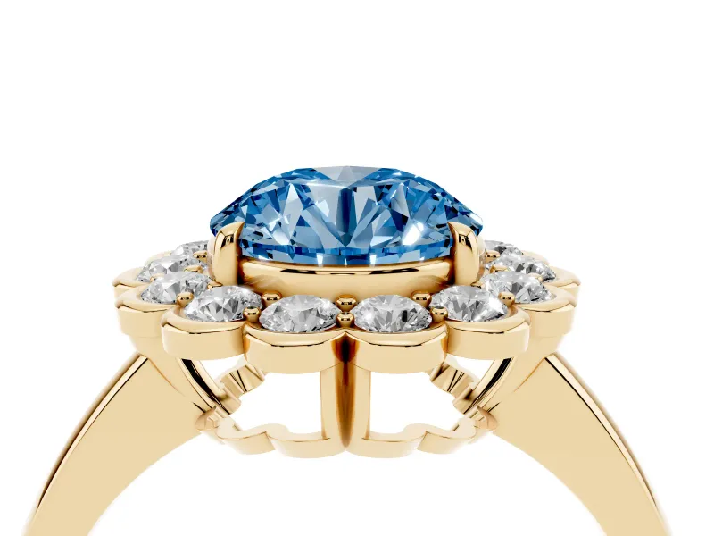 Round Scalloped Cluster Halo Engagement Ring Setting for a Fancy Blue Lab-Grown Diamond | Plain Band | Yellow Gold